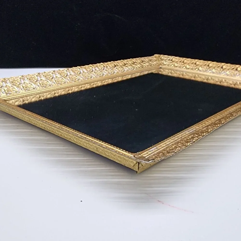Gold Tone Filigree Mirrored Vanity Tray Wall Hanging Rectangle Hollywood Regency